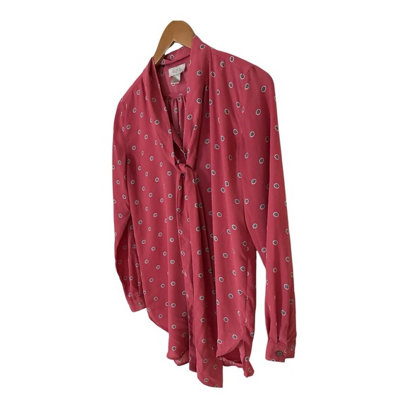 LOFT Rose Pink Dot Tie Neck Bow Tunic Blouse Top XS Oversized Fits Small - Picture 4 of 8